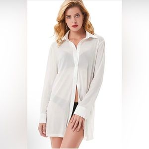 Kate Kasin White Women’s Sleep Shirt Mesh Long Sleeve Cover Up Sheer Blouse XXL